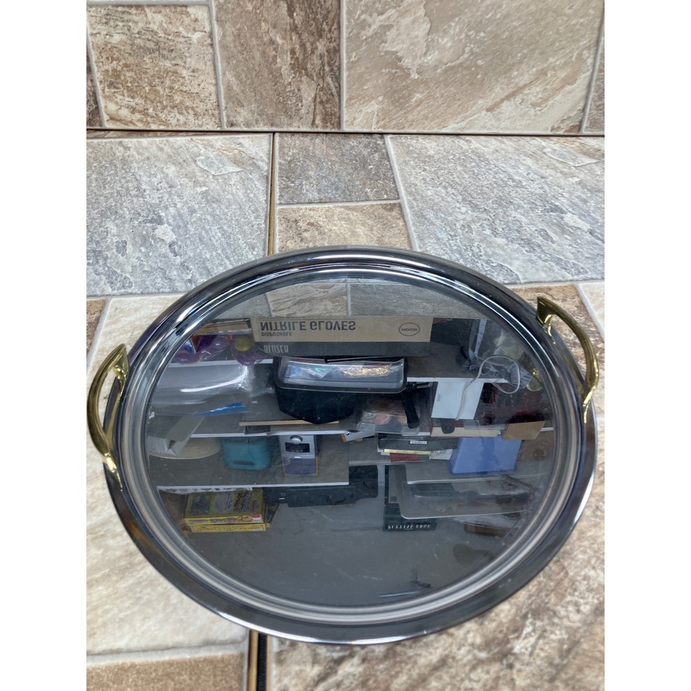 Round Mirrored Vanity Tray Silver Metal Gold Handles Hollywood Regency 12.5 Inch